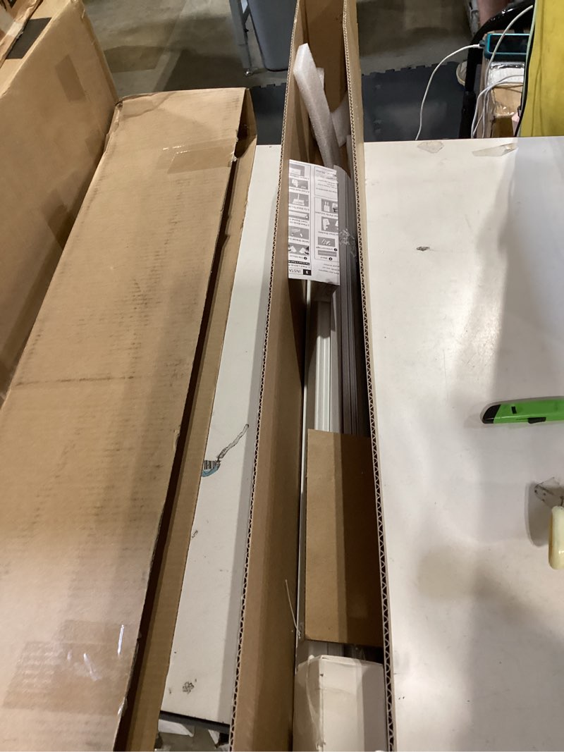 Condition photo showing As Is for cordless vinyl mini l blinds 27" w x 48" h, 1" slat white horizontal windows l blind for door, shades, camper, light filtering, interiors, arrive 1/2 inch narrower indoor 27"w x 48"h