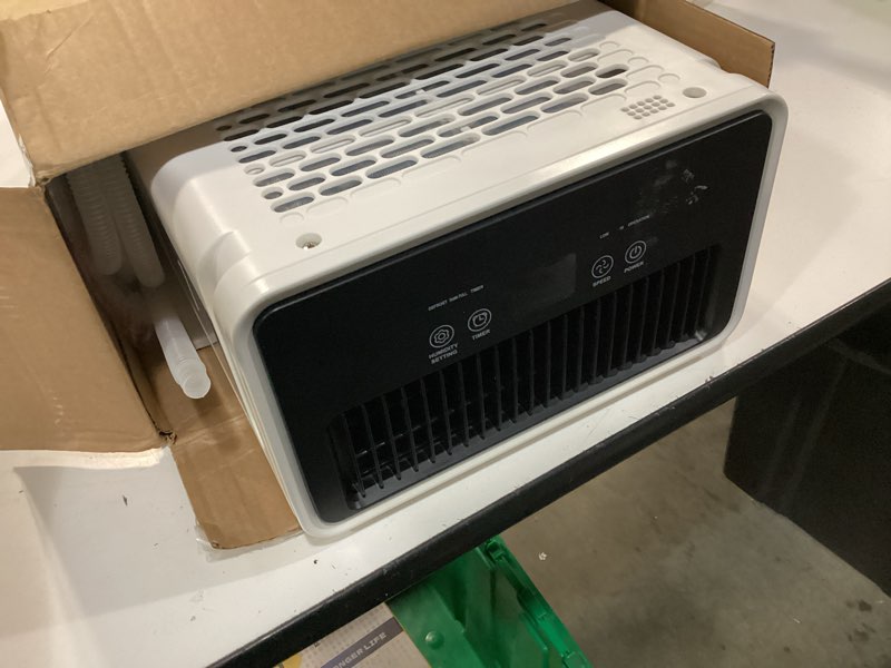 Condition photo showing As Is for freaire 2500sq.ft dehumidifier, 34pint dehumidifiers for home, quiet dehumidifier for basement, bedroom, bathroom, with 6.56ft drain hose, 0.53gal water tank, 3-color humidity light creamivory