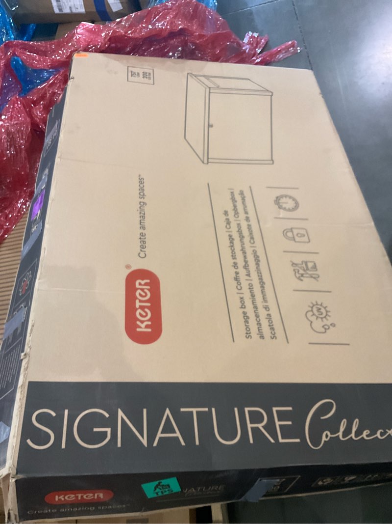 Condition photo showing As Is for keter denali 200 gallon resin large deck box with double wall 20mm panels - paintable and drillable-organization and storage for patio furniture and outdoor items, grey & black 200 gallons solid