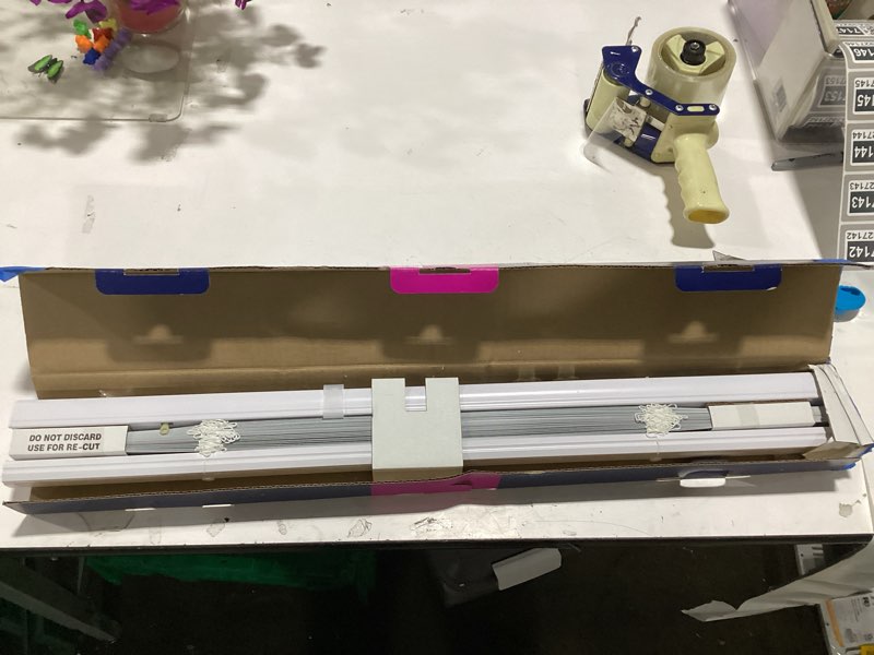 Condition photo showing As Is for levolor trim+go 1-in slat width 31-in x 72-in cordless white aluminum room darkening mini-blinds