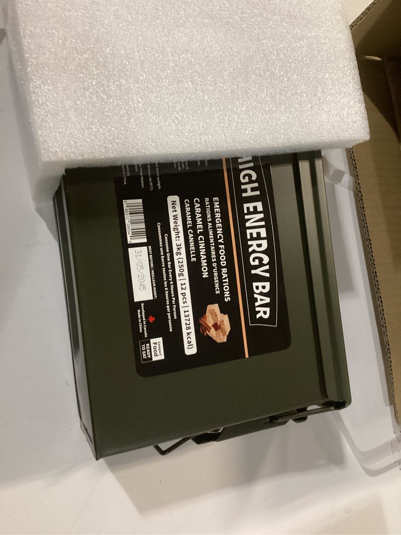 Condition photo showing New/Like New for (Best by 31/05/2045))PEAK4RATION High Energy Bar | Compact Compressed Food Bar - Caramel Cinnamon 13728kcal | Long Shelf-Life Emergency Food Ration -12 Day Package 3kg (12x250g Metal Box) | Survival Preparedness Food Bar for Outdoor Camping, Crisis, Earthquake, Wildfire, Home Preparedness Olive metal box 12 bags