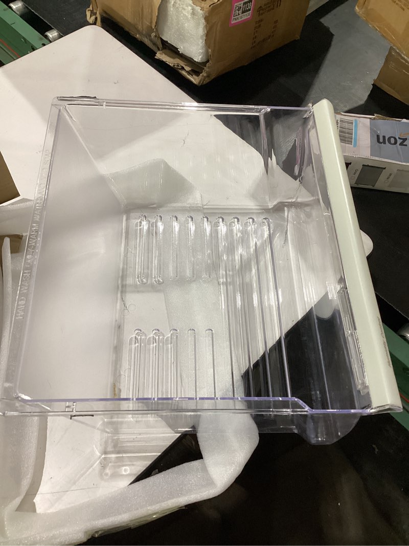 Condition photo showing As Is for has small crack 2188656 fridge crisper drawer (upper),2188656 crisper bin, compatible with whirlpool refrigerator,fridge drawers,kenmore refrigerator parts,whirlpool shelf replacement- wp2188656