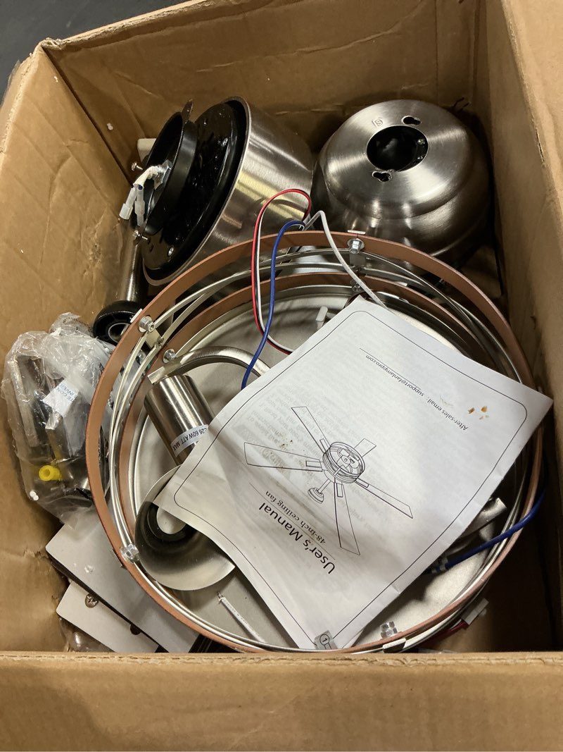 Condition photo showing As Is for fanbulous farmhouse ceiling fans with light, 48 inch bedroom ceiling fan with lights, 6-speed adjustable, quiet and reversible dc motor, 5 dual finish blades, rustic caged ceiling fan?brushed nickel brushed nickel 48 inch