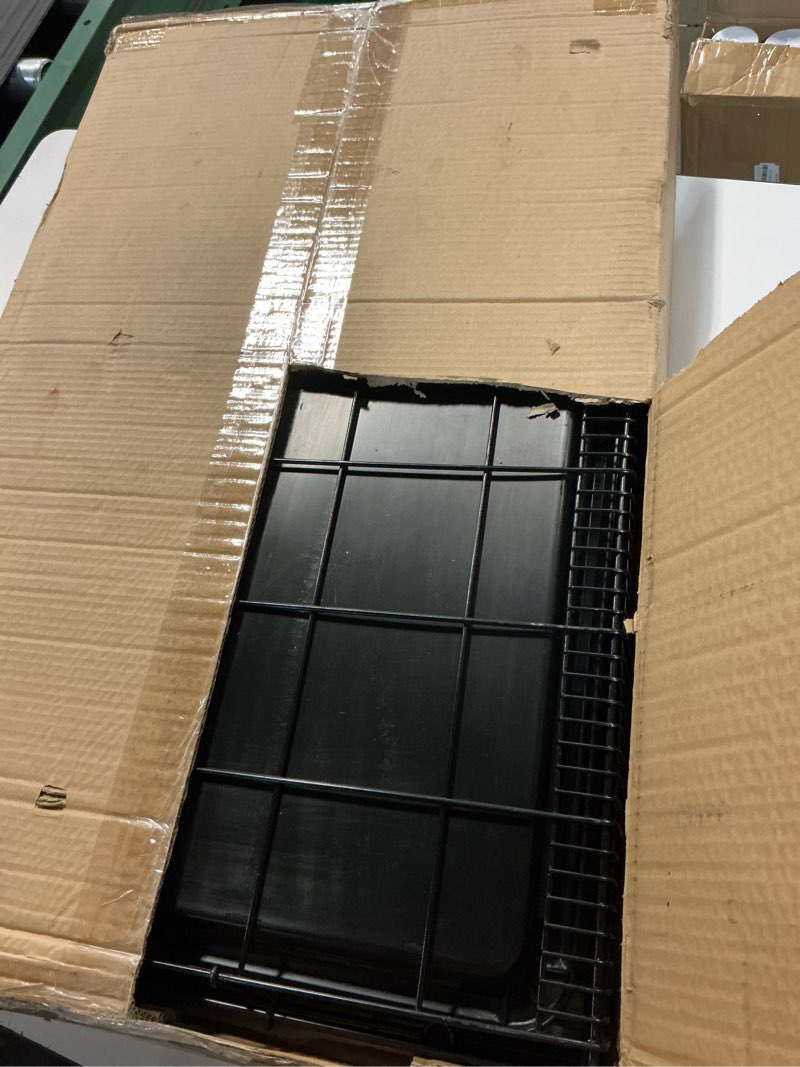 Condition photo showing As Is for amazon basics - durable, foldable metal wire dog crate with tray, single door, 30 x 19 x 21 in, black 30.0"l x 19.0"w x 21.0"h single door w/ divider