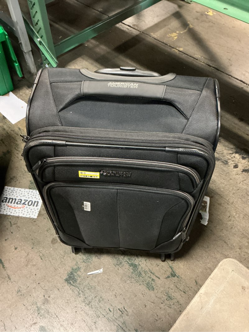 Condition photo showing As Is for american tourister phenom softside carry on spinner suitcase - black: 4 wheels, adjustable handle