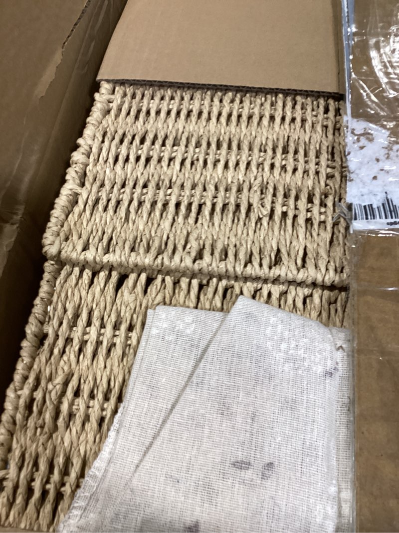 Condition photo showing Good Condition for 4pc foldable 13 x 13 storage baskets, handwoven paper rope with reinforced structure, removable liner, no sharp edges, odor-free, for nursery, living room, closet, bedroom, shelves