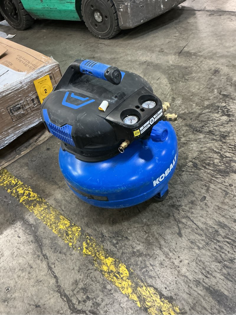 Condition photo showing As Is for Kobalt 6-Gallon Portable Electric 175 PSI Pancake Air Compressor 