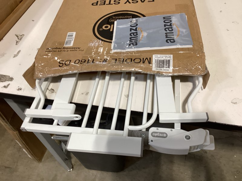 Condition photo showing New/Like New for regalo safety 38" baby gate for doorways & bottom of stairs, pressure mount design for babies, toddlers & pets, tested & safe for 30 years, american designed, american owned, white white 29-38.5"w x 30"h