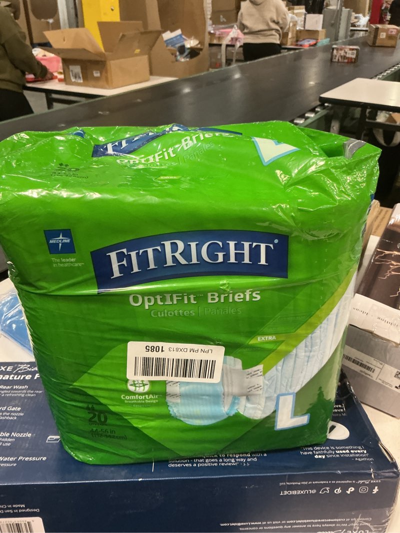 Condition photo showing New/Like New for FitRight Adult Diapers, Extra Heavy Absorbency, L (Waist Size 44in-56in), 20 Count, OptiFit Incontinence Briefs for Men and Women, Disposable, Moisture Wicking, Leak Protection, 20 Count Large