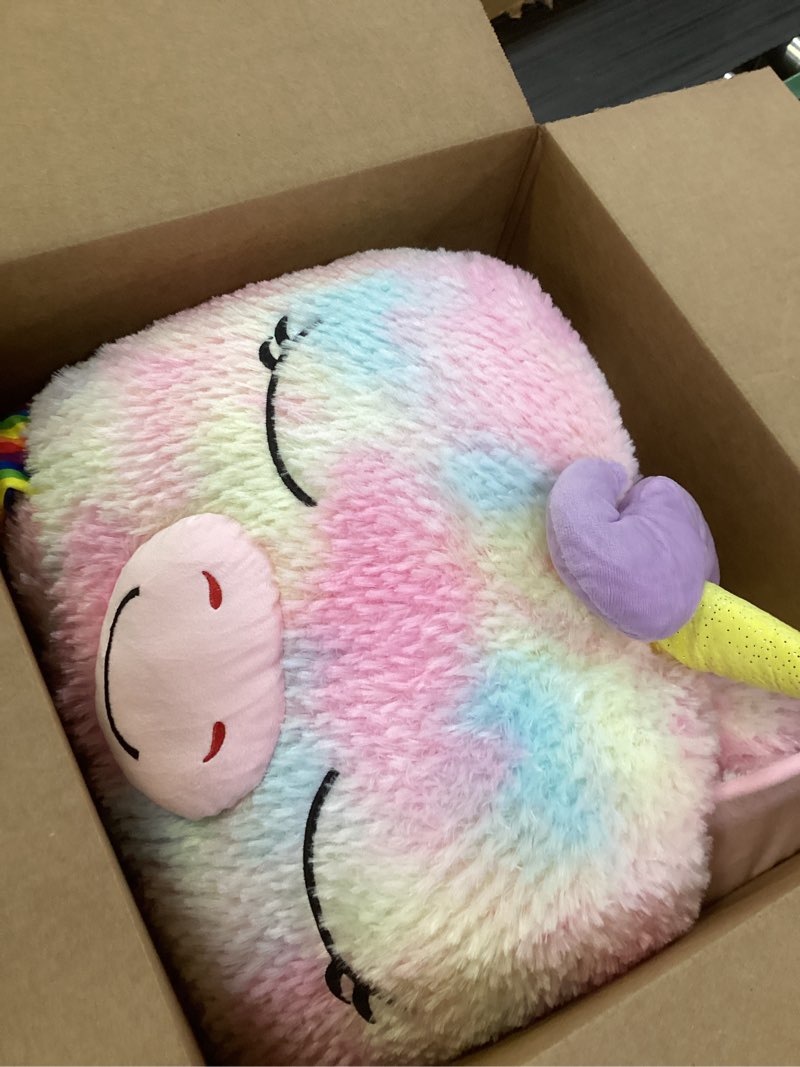 Condition photo showing Good Condition for Happy Nappers: Pillow & Sleepy Sack: Large - Rainbow Unicorn - 66 x 30, 2-in-1: Plush Animal Opens Into Sleeping Bag, Soft Play Character, Kids 3+