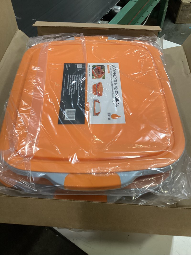 Condition photo showing New/Like New for drip ez collapsible bbq prep tub 2-piece set - for meal prep, marinating, food storage - includes cutting board & lid - (1) og + (1) xl - orange
