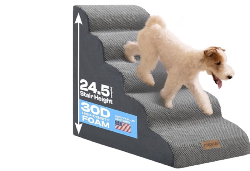 curved dog stairs for high bed up to 26", 5-step dog ramp for small dogs with washable cover, non-slip steps for cats to get on couch and sofa, durable foam ladder for medium breeds, light grey