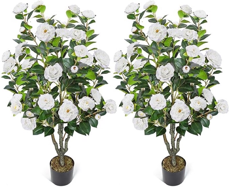 2 pack 42" artificial camellia tree faux floral trees with 36 white blooming flowers artificial outdoor plants uv resistant camellia plant in cement pot with dried moss