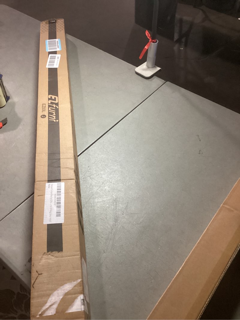 Condition photo showing As Is for tension curtain rod by ezfurni, 42 to 123 inch, heavy duty tension rod for windows, anti-slip black curtain rod spring tension, adjustable spring loaded curtain rods no drilling, easy install black 42-123