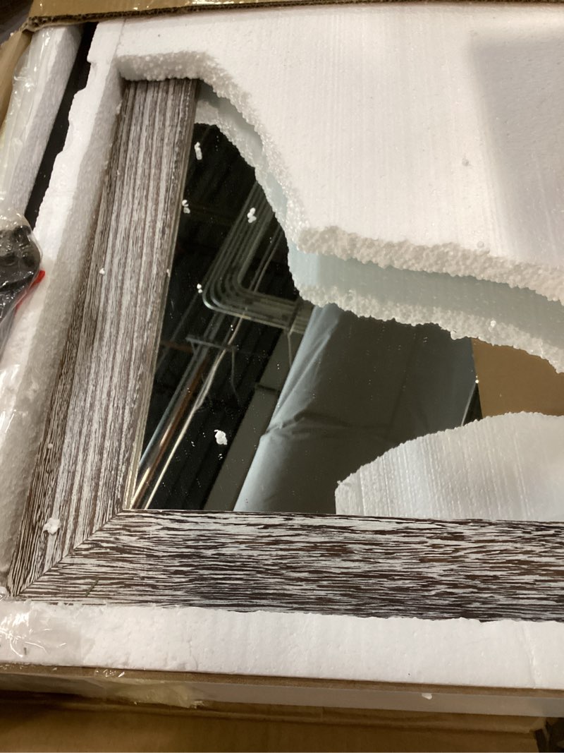 Condition photo showing Good Condition for COGOOD Farmhouse Barn Door Mirror - 41" x 26" Rustic Wood Framed Wall Mirror for Bathroom, Living Room, Entryway Wall Decor (Grey) Grey 41x26