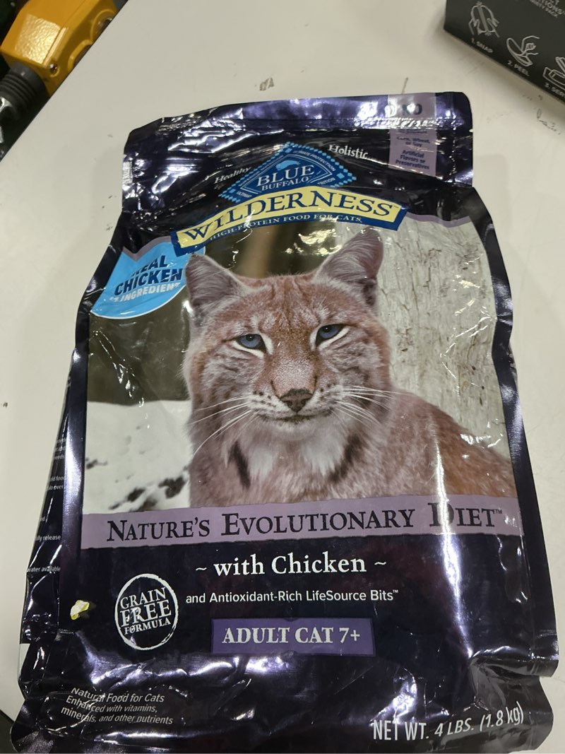 Condition photo showing As Is for (best by 2027/jul 08) blue buffalo wilderness grain free with chicken mature premium senior dry cat food - 4lbs