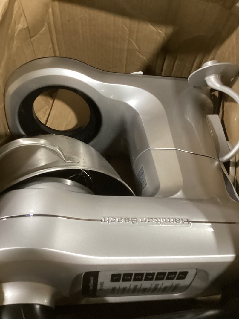 Condition photo showing As Is for (incomplete) hamilton beach electric stand mixer, 4 quarts, dough hook, flat beater attachments, splash guard, 7 speeds with whisk, easy-carry top handle, silver silver 4 quarts