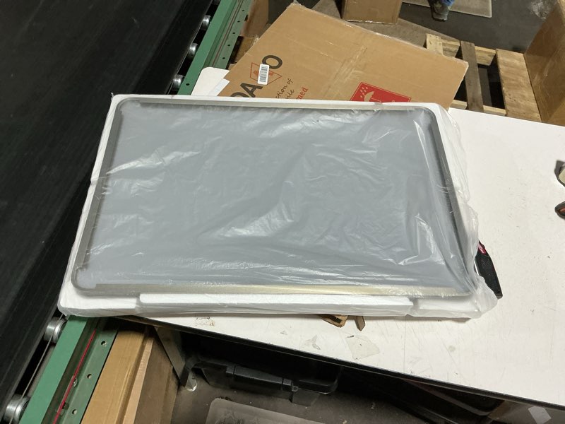 Condition photo showing As Is for loaao 20x30 inch brushed nickel bathroom mirror, rounded rectangle silver metal frame mirror, brushed nickel, anti-rust, shatter proof, hangs horizontally or vertically brushed nickel 20"l x 30"w