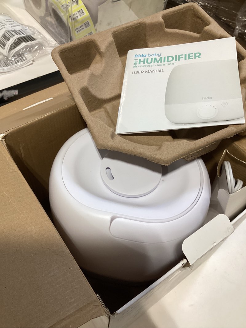 Condition photo showing Good Condition for frida baby 3-in-1 cool mist humidifier for large rooms, top fill humidifier for bedroom, allergy relief, 60 hour runtime + nightlight, auto shut-off, quiet, carry handle, essential oil diffuser