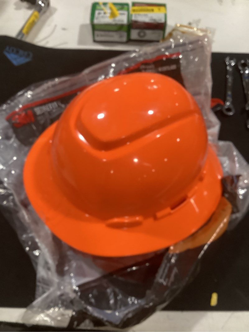 Condition photo showing Good Condition for 3m full brim quick adjusting ratchet type i class g e orange hard hat