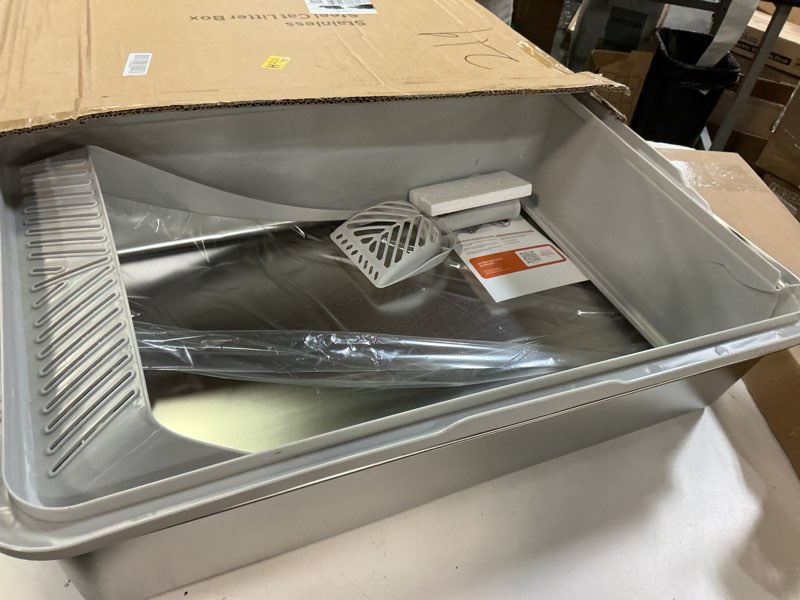 Condition photo showing As Is for Stainless Steel Litter Box Extra Large for Big Cats and Multi-Cats | Jumbo Extra Large Metal Cat Box with High Sided Lid, Anti-Urine Leakage, Non-Stick,Include Litter Scoop XXX-Large Silver Gray