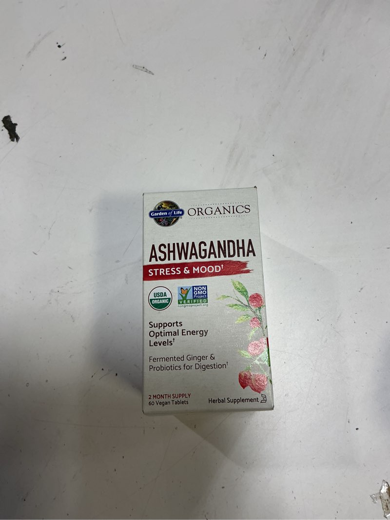 Condition photo showing New/Like New for (Best used by 03/2026)Garden of Life Organic Ashwagandha Supplement with Probiotics & Ginger - Stress, Mood & Energy Support, Vegan, Gluten Free, Non GMO, 2 Month Supply, 60 Tablets