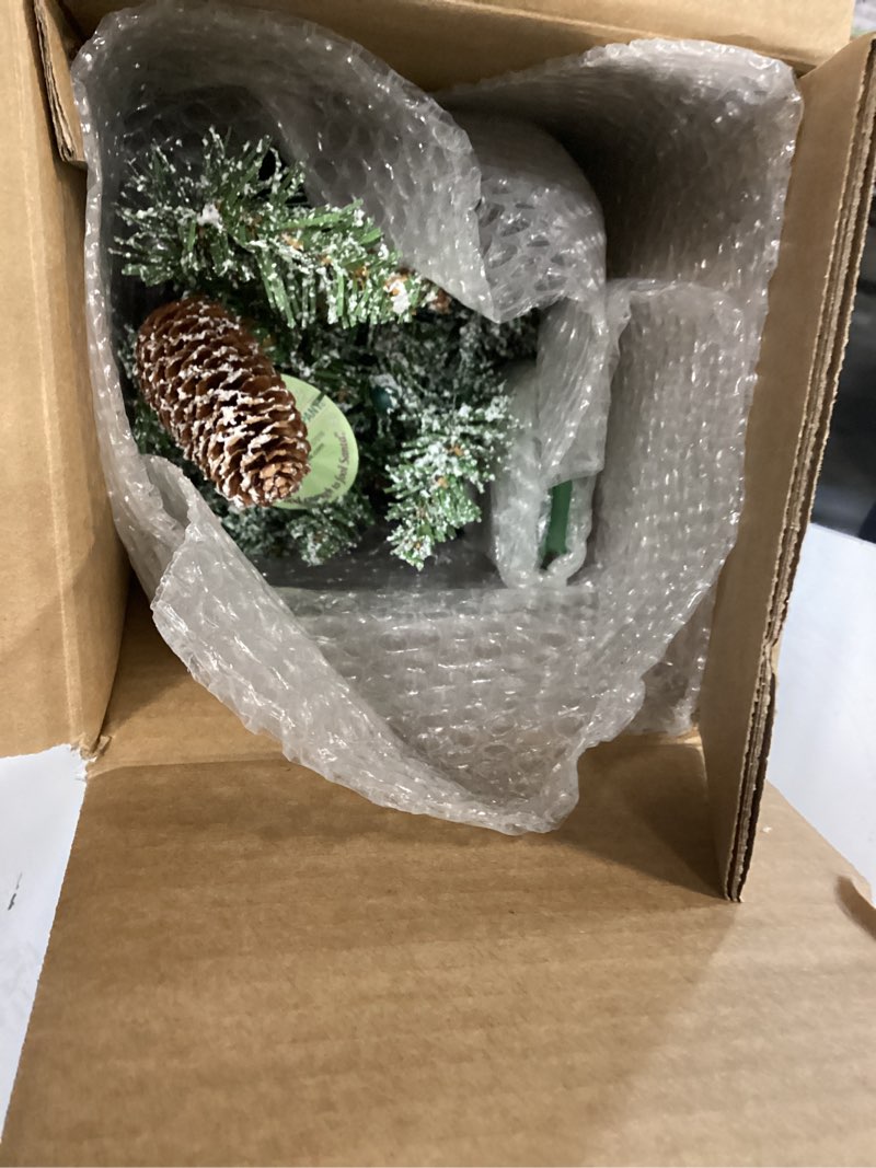 Condition photo showing Good Condition for national tree company 2 ft pre-lit flocked mini artificial christmas tree, 50 clear led lights, 75 tips, pinecones, burlap base, timer, green