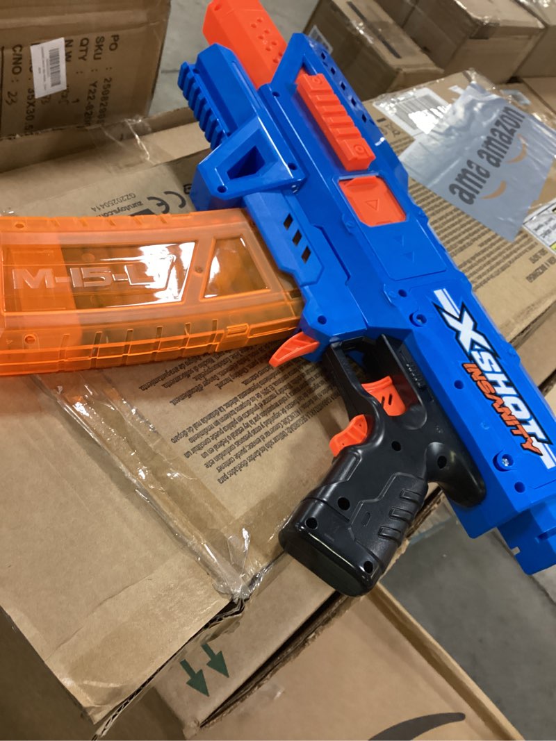 Condition photo showing As Is for XSHOT Insanity Motorized Clip Mania Dart Blaster with 72 Darts - Air Pocket Technology, Auto Feeding Belt, Tripod & Scope, Outdoor Toy