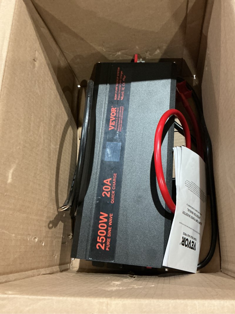 Condition photo showing As Is for vevor 2500w sump pump battery backup with lcd, automatically shifts to inverter power ensuring uninterrupted operation, essential for emergencies & power failures