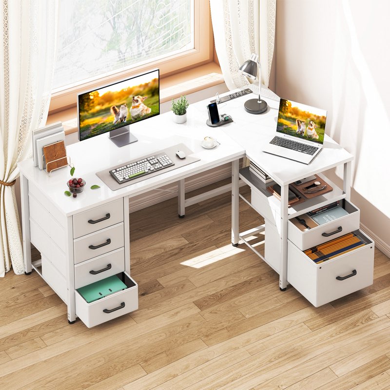 l-shaped desk with 5-tier under-desk drawers,reversible desk with large cabinet, writing desk with power outlets, home office desk  with cpu stand color (top/frame): white