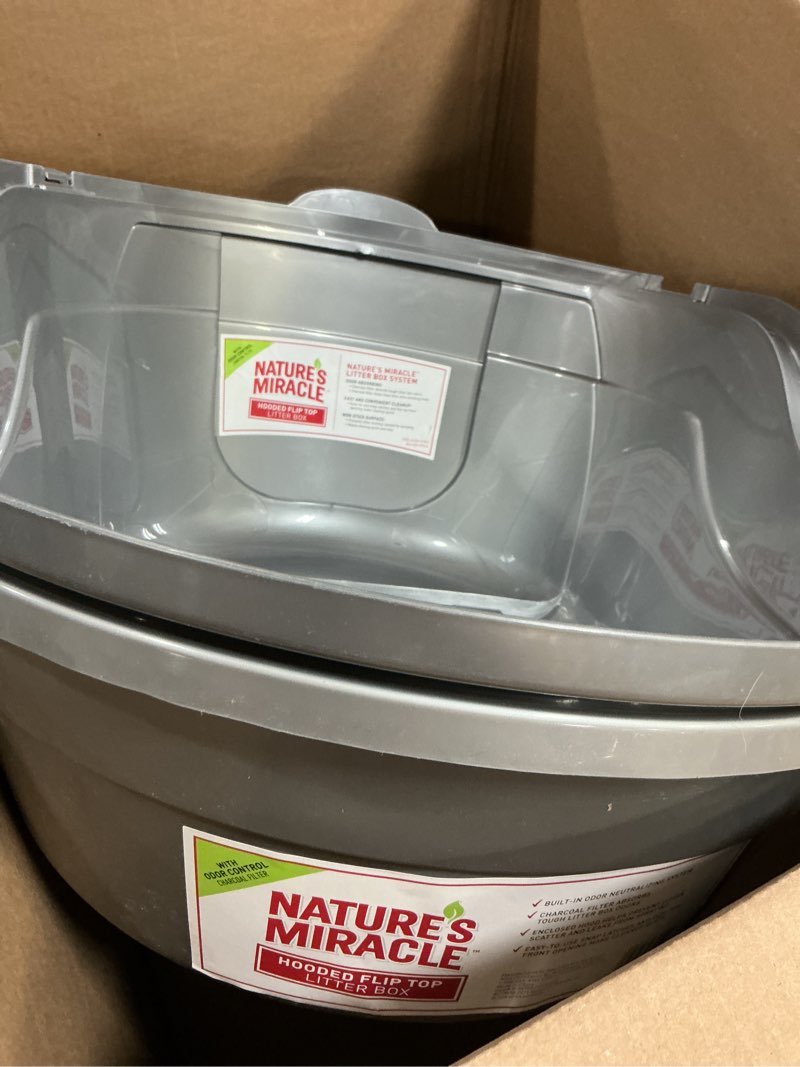 Condition photo showing Good Condition for nature’s miracle hooded flip top litter box for cats, with built-in odor control charcoal filter