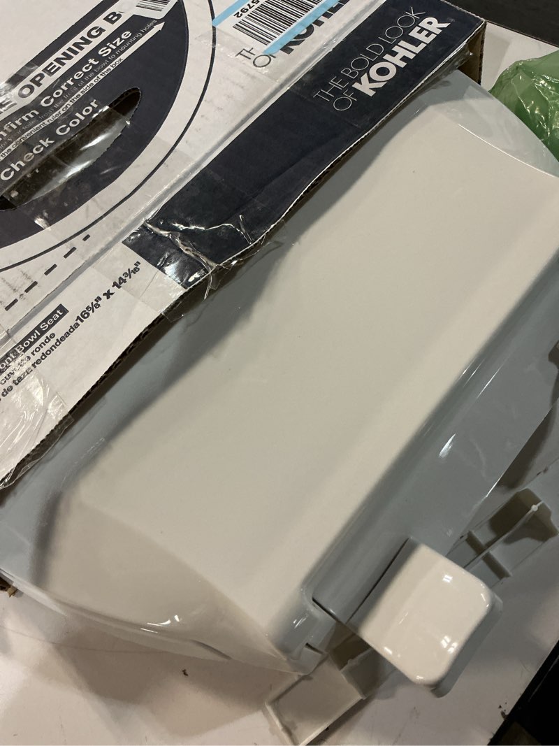 Condition photo showing As Is for KOHLER 4639-RL-0 Cachet ReadyLatch Round Toilet Seat Soft Close, White White Round Ready Latch