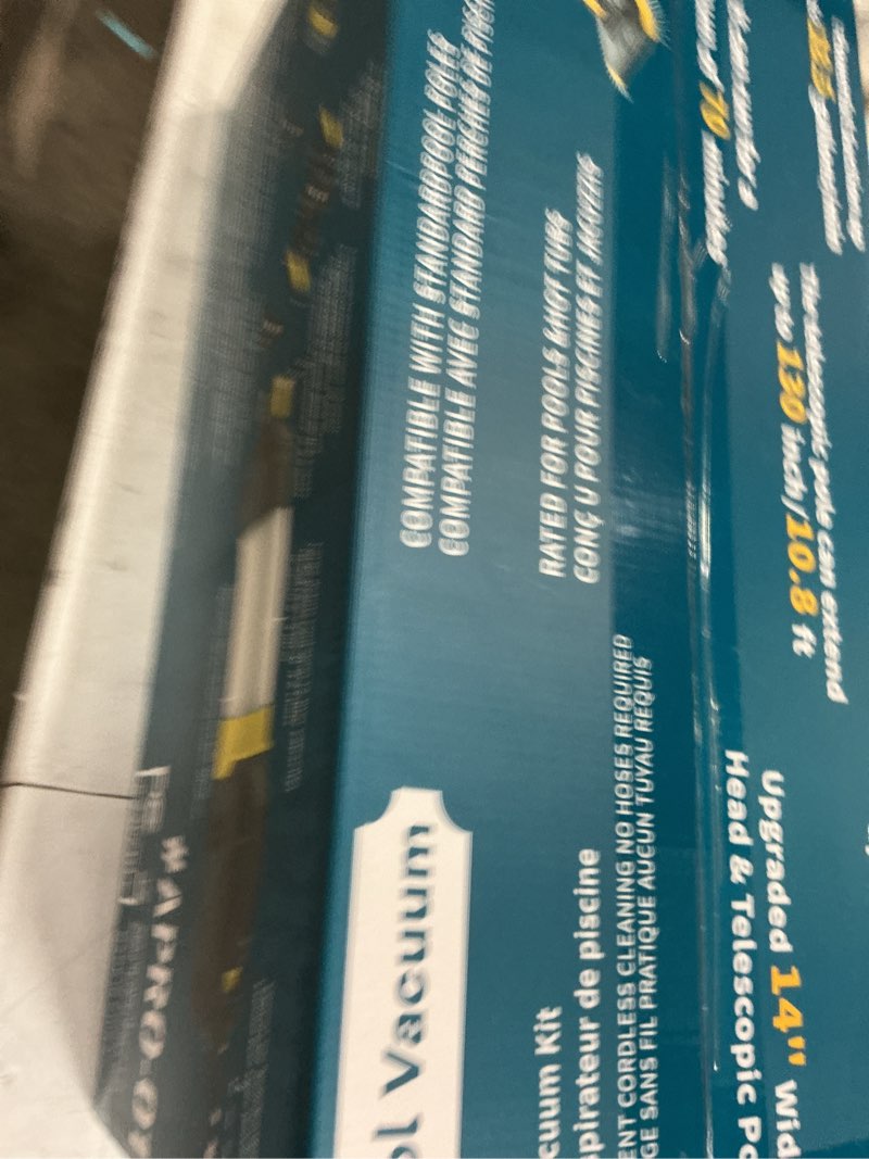 Condition photo showing New/Like New for vucaki 5-in-1 cordless pool vacuum with 14" 8-wheel vacuum head,10.8ft telescopic pole, 18.9gpm suction, 70min runtime, ipx8 waterproof, pool vacuum cleaner for inground & above ground pools and spas blue