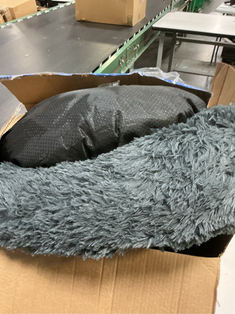 Condition photo showing As Is for petjett calming dog bed medium size dog - 30'' donut bed, round dog bed, anti-slip & washable super soft fluffy plush round bed, anti-anxiety premium comfort pet bed, fits dogs upto 45 lbs - dark grey dark gray medium - 30”l x 30”w x 8”th