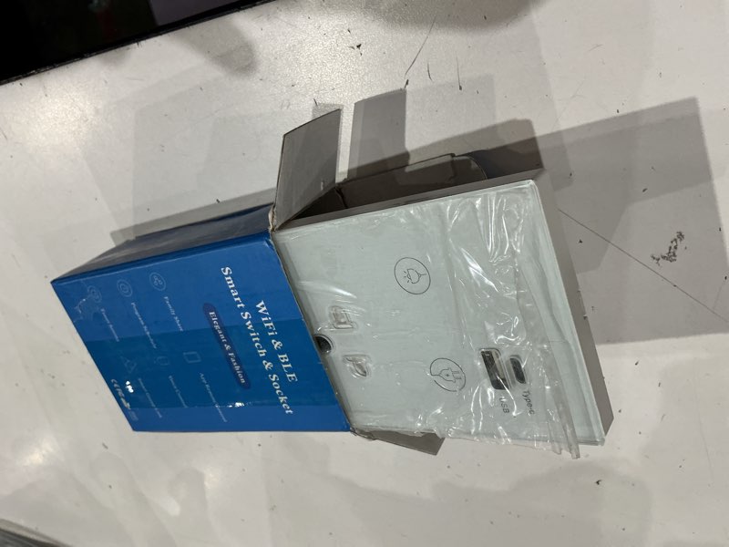 Condition photo showing As Is for 2.4ghz wifi wall touch light switch with type-c usb power outlet neutral wire required 2 way control tempered glass panel timing light switch app voice remote control smart home devices 2 way white us plug