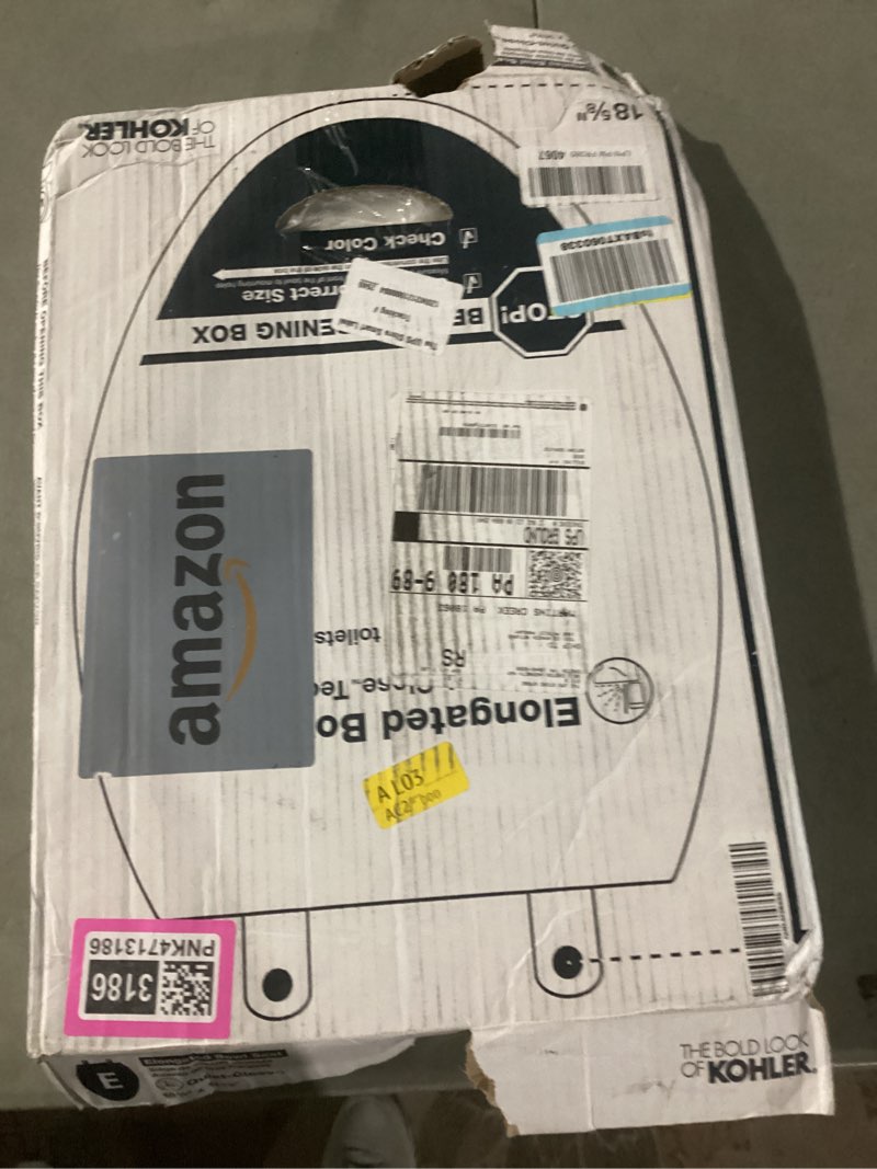 Condition photo showing As Is for kohler stonewood quiet-close elongated toilet seat, slow close design, durable wood, easy installation, universal fit, white finish, k-20466-0