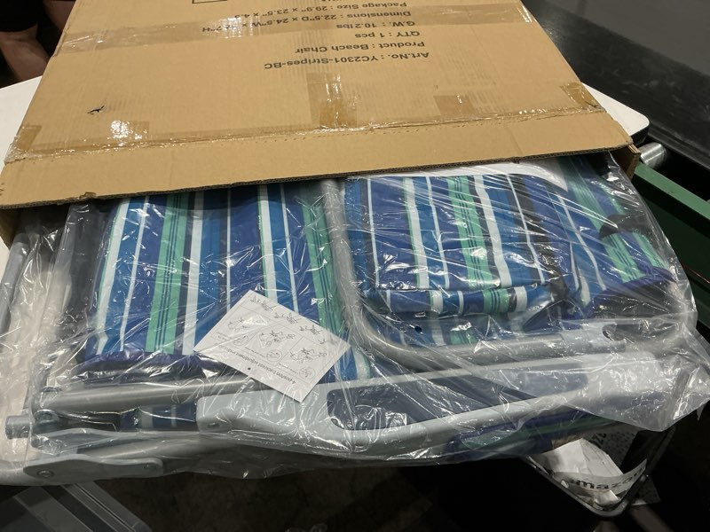 Condition photo showing Good Condition for yestomo beach chairs for adults heavy duty, compact portable lay flat folding chair with backpack straps and large cooler pouch, support to 350lbs (stripes_blue&cyan) stripes-blue&cyan