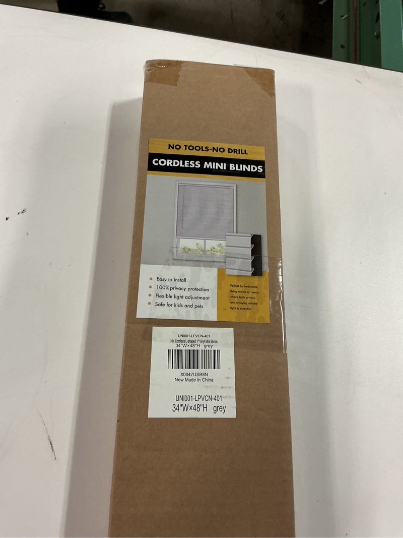 Condition photo showing As Is for No Drill Blinds for Windows 1" Vinyl L-Shaped Slats Cordless Mini Blinds for Home, 34" W × 48" H Grey Grey 34" W × 48" H