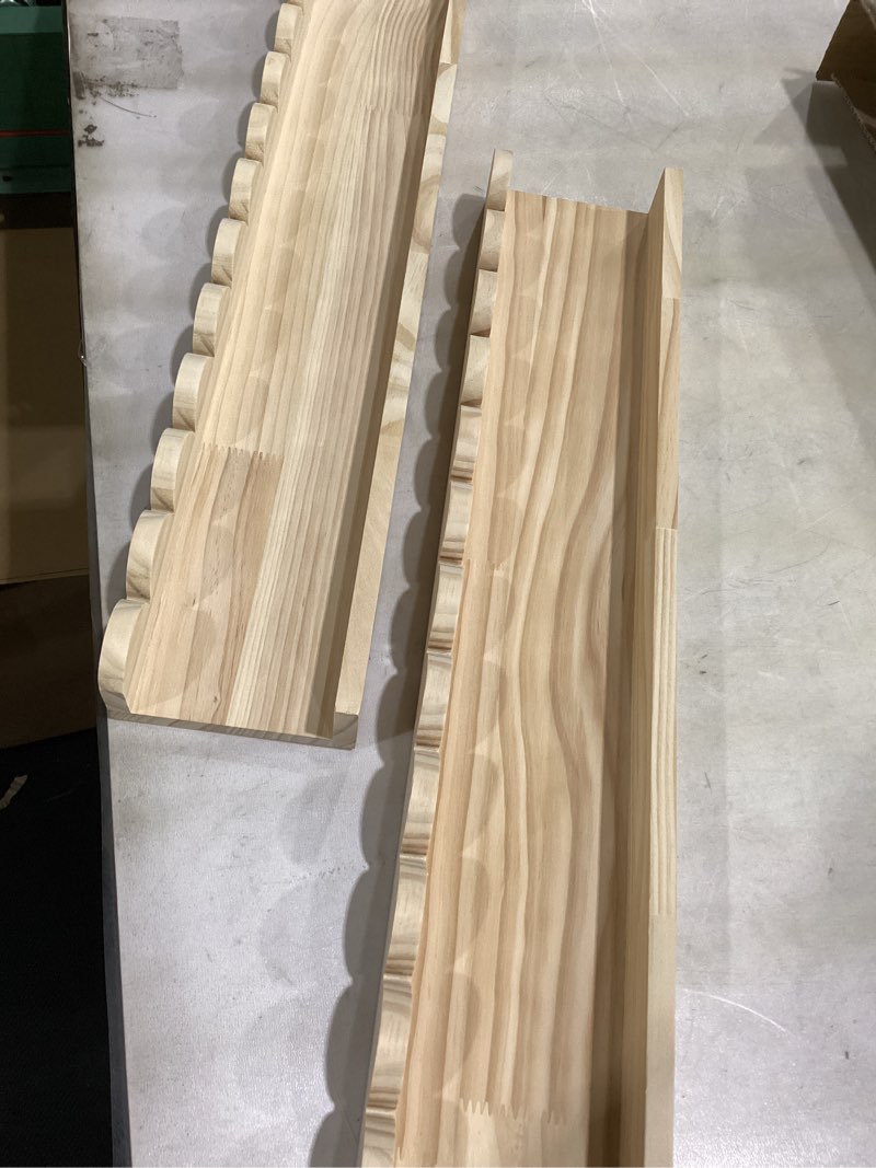 Condition photo showing Good Condition for nursery book shelves 24inches-floating shelves for bedroom kids, scalloped shelves for wall 2 pack, scalloped shelf for toddler room, baby room, nursery decor, natural, large natural wood 24 inches / set of 2