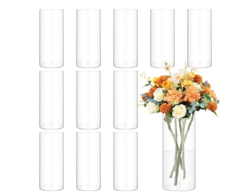  12 Pack Glass Cylinder Vases 8 Inch Tall Clear Flower Vase for Centerpieces, Hurricane Floating Candle Holder Wedding Decorations, Floral Vase Bulk for Table Shelf Party Home Deco (8 x 3.35 Inch)
