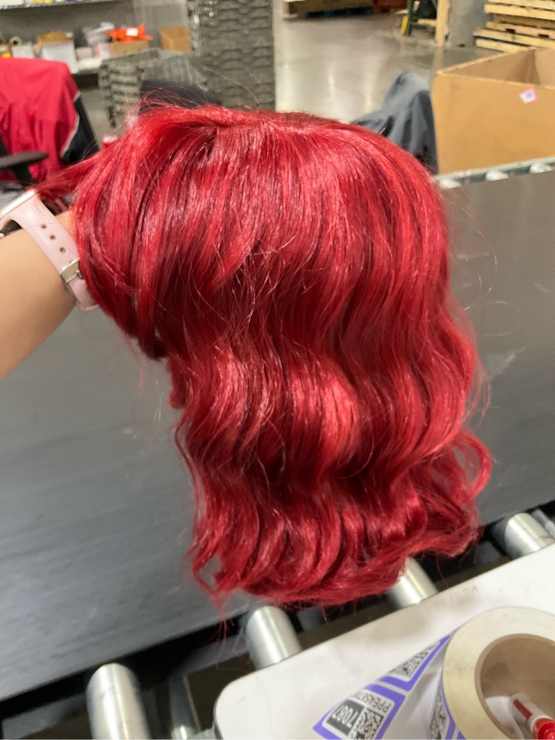 Condition photo showing Good Condition for BARSDAR Short Wavy Red Wig with Bangs - Short Wavy Red Wig for Women, Thick Soft Synthetic Textured Curly Chic French Bob Wigs with Face-Framing Bangs Natural Looking Daily Party Halloween 12 Inch Red