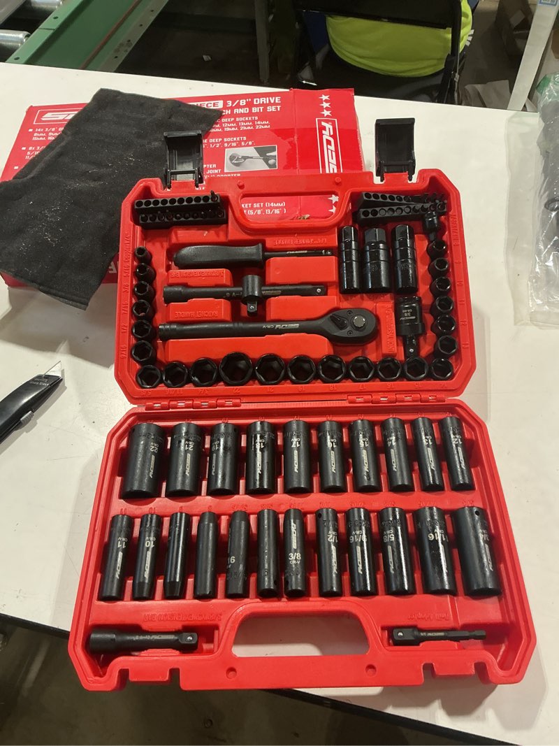 Condition photo showing Good Condition for 96-piece 3/8" drive impact socket wrench and bit set, sae 5/16”-3/4” & metric 8-22mm, cr-v standard & deep sockets, power bits, ratchet handle, universal joint, bit holder, adapters, spark plug socket 3/8"drive (96 pcs?