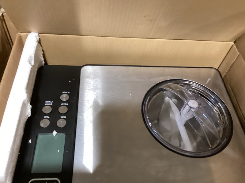 Condition photo showing As Is for whynter ice cream maker machine automatic 2.1 qt. with built-in compressor, lcd digital display & timer, no pre-freezing, icm-200ls, stainless steel 2.1 quart stainless steel