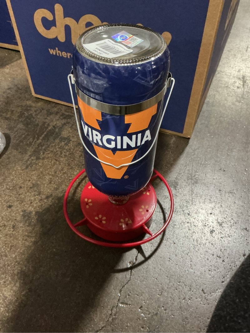 Condition photo showing Good Condition for Hummer's Galore, NCAA College Football Hummingbird Feeder, Glass Hummingbird Feeder with UV Resistant Plastic Wrap for Outdoors Hanging, 32 oz, (Virginia Cavaliers)