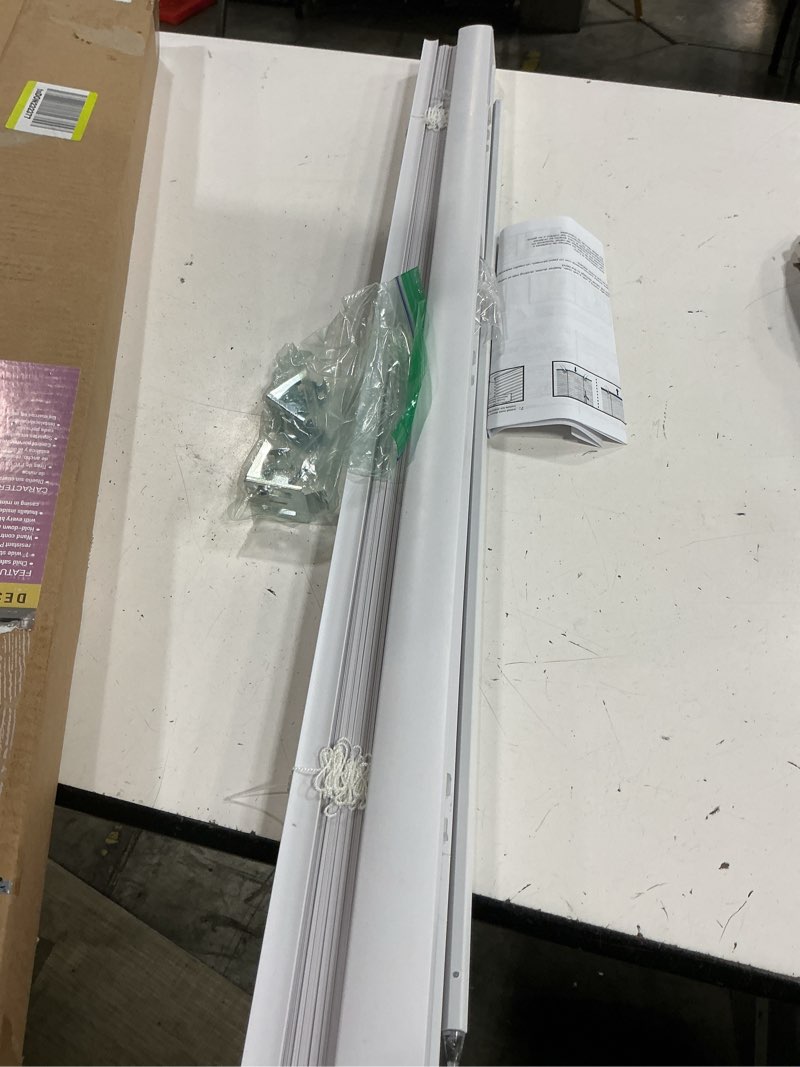 Condition photo showing As Is for lotus & windoware cordless mini blind, 1" vinyl slats, 35" wide x 48" long - white, window blinds for home and office, interior door blinds - light filtering 35"w x 48"h white
