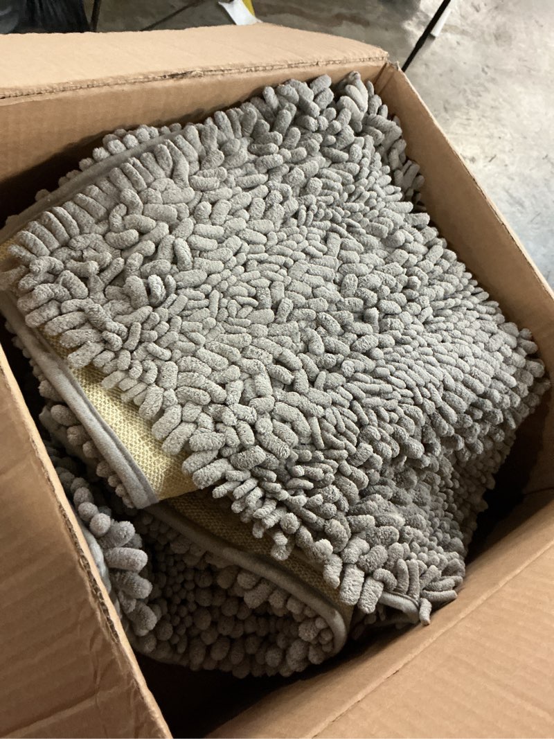 Condition photo showing As Is for accumtek striped light grey bathroom rug set 3 pieces gray ultra soft, non slip chenille toilet mat, absorbent plush shaggy bath mats for bathroom, bedroom, kitchen light gray 2'8"x1'8"+2'×1'5"+u shape 2'x1'8"