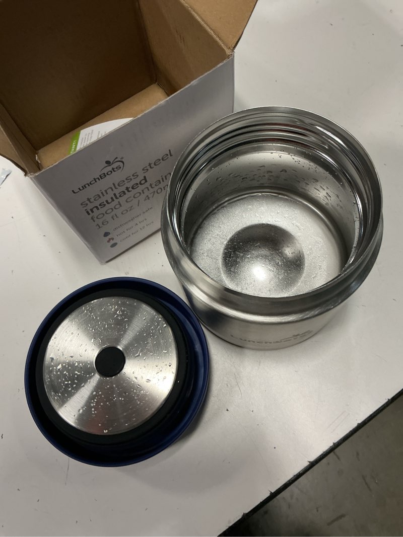 Condition photo showing As Is for lunchbots 16oz thermos stainless steel wide mouth - insulated thermos with vented lid - keeps food hot or cold for hours - leak-proof portable thermal food jar is ideal for soup - 16 ounce - navy 16oz navy