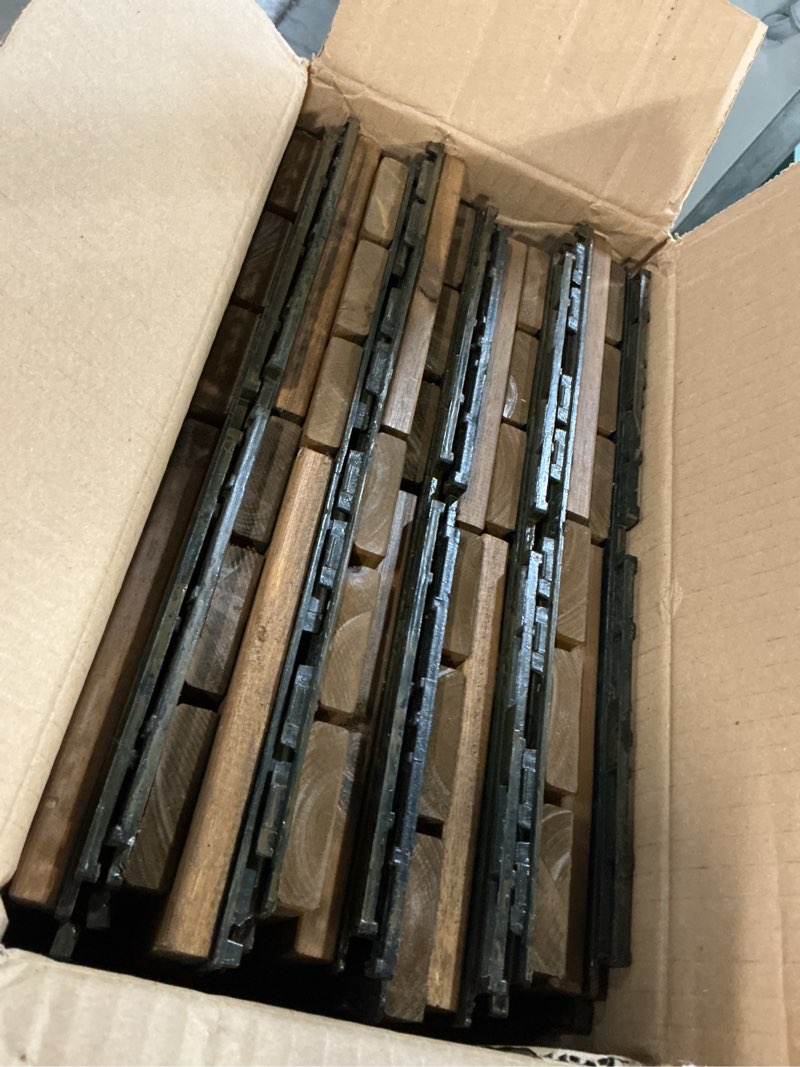 Condition photo showing Good Condition for Interlocking Acacia Wood Deck Tiles, 9-Pack, 12 Slats, Waterproof Outdoor Flooring for Patio, Balcony, Garden – Natural Finish, 12.2" x 12.2" x 0.7" 12 Slats Natural 9