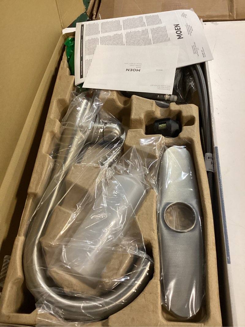 Condition photo showing Good Condition for Moen Essie Spot Resist Stainless Pulldown Sprayer Kitchen Sink Faucet Set with Modern Pump Soap Dispenser, 87014SRS Spot Resist Stainless Standard