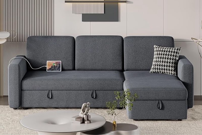 Yaheetech Sectional Sofa L-Shaped Sofa Couch Bed w/Chaise & USB, Reversible Couch Sleeper w/Pull Out Bed & Storage Space Living Room Dark Gray